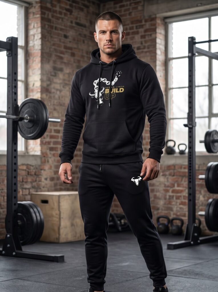 Build Up Hoodie in Schwarz, getragen im Training