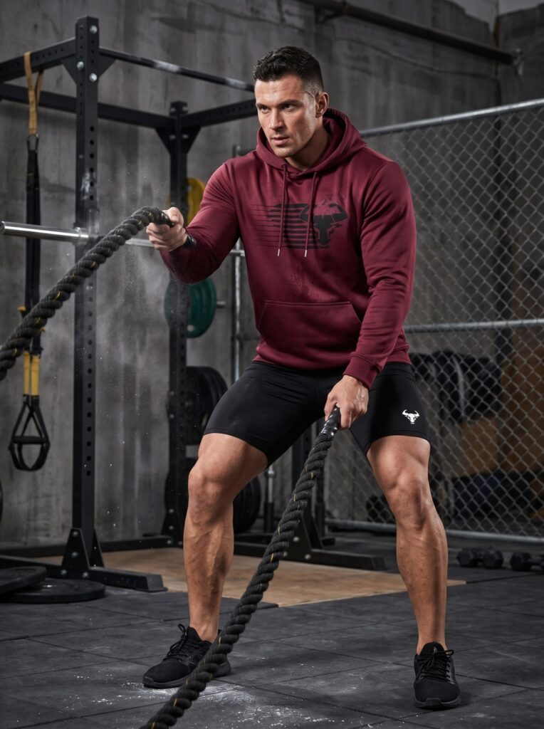 Charge Hoodie in Bordeaux, getragen im Training