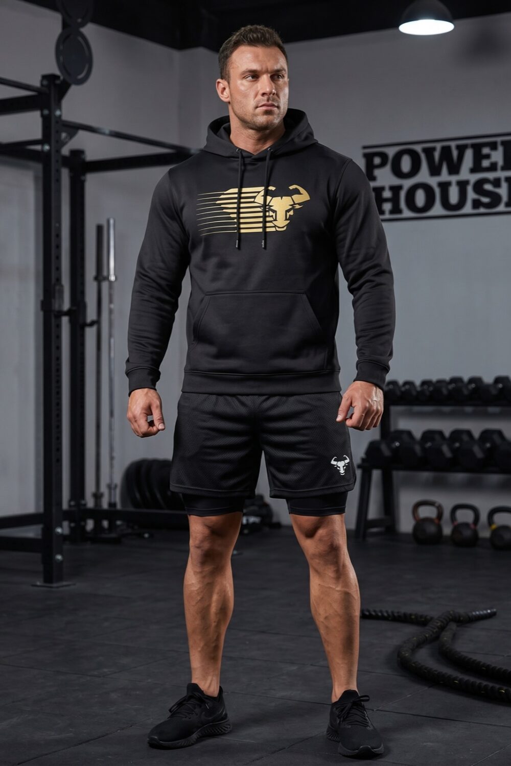 Charge Hoodie in Schwarz, getragen im Training