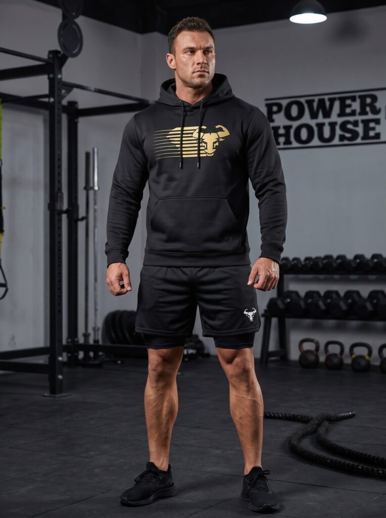 Charge Hoodie in Schwarz, getragen im Training