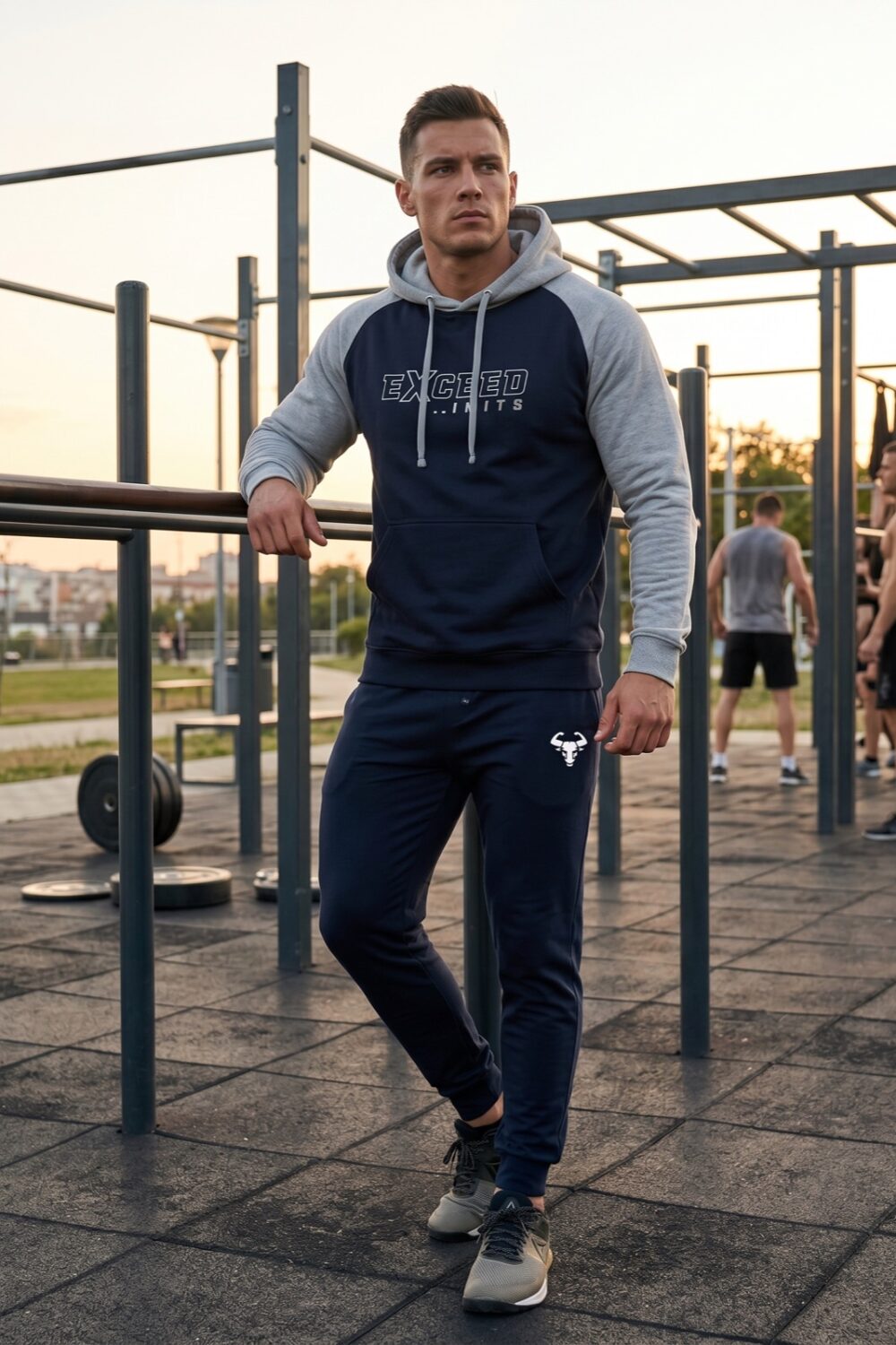 Contrast Raglan Hoodie in Navy/Grau, getragen im Training
