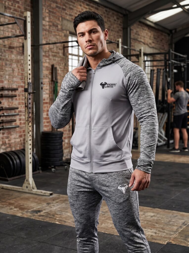 Contrast Zip Hoodie in Grau meliert, getragen im Training