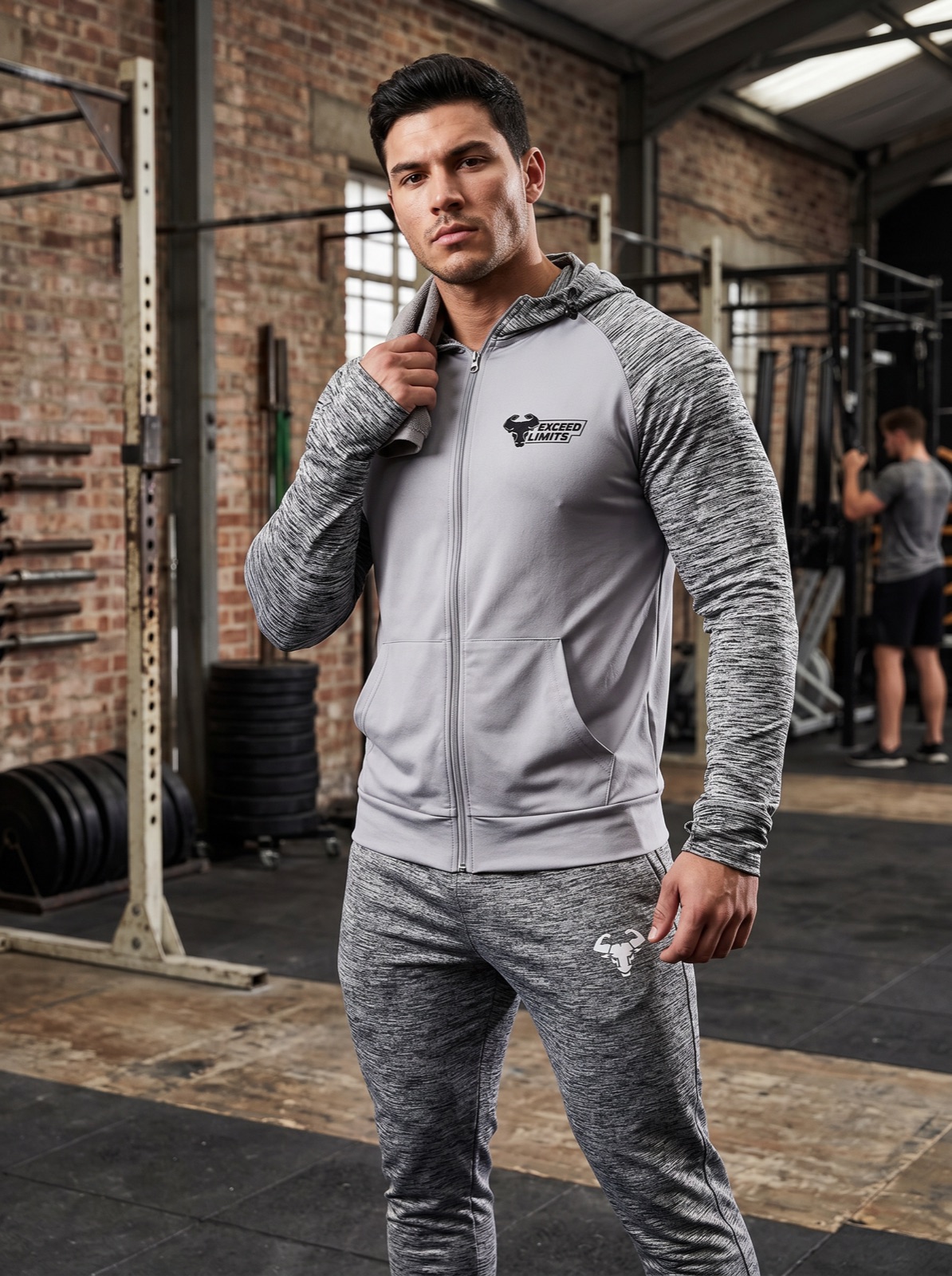 Contrast Zip Hoodie Grau meliert Contrast Zip Hoodie in Grau meliert, getragen im Training