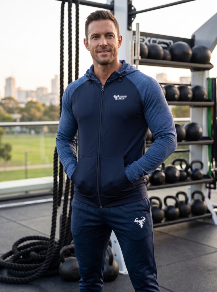 Contrast Zip Hoodie in Navy, getragen im Training