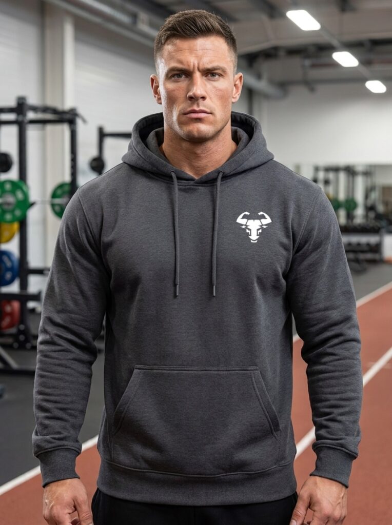 Core Hoodie in Anthrazit, getragen im Training