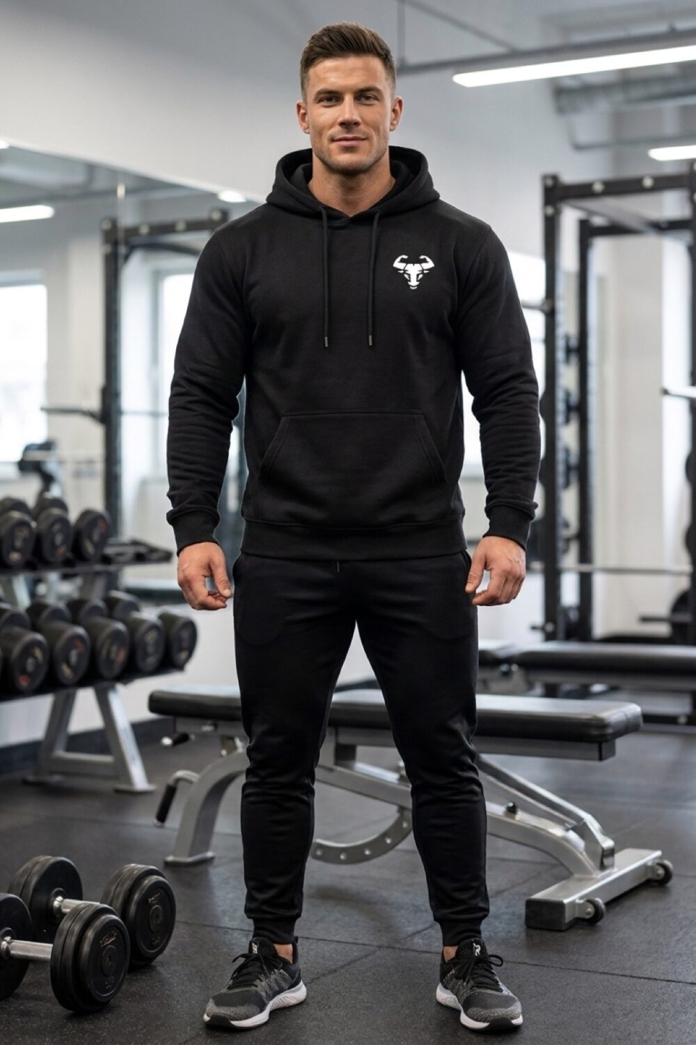 Core Hoodie in Schwarz, getragen im Training