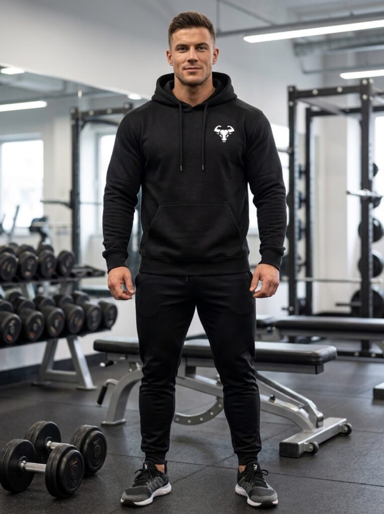Core Hoodie in Schwarz, getragen im Training