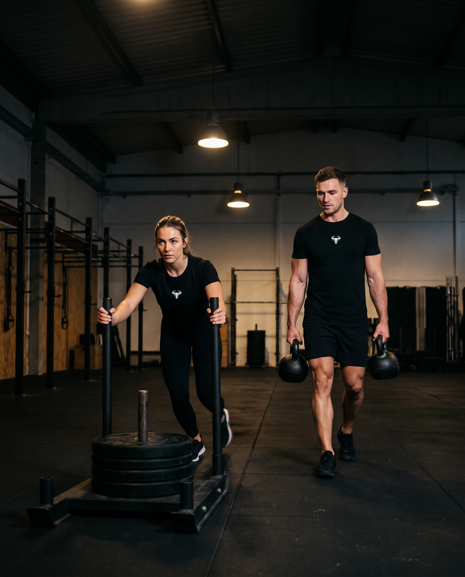 Zwei Sportler beim Functional Training in schwarzer Gymfinity-Kleidung