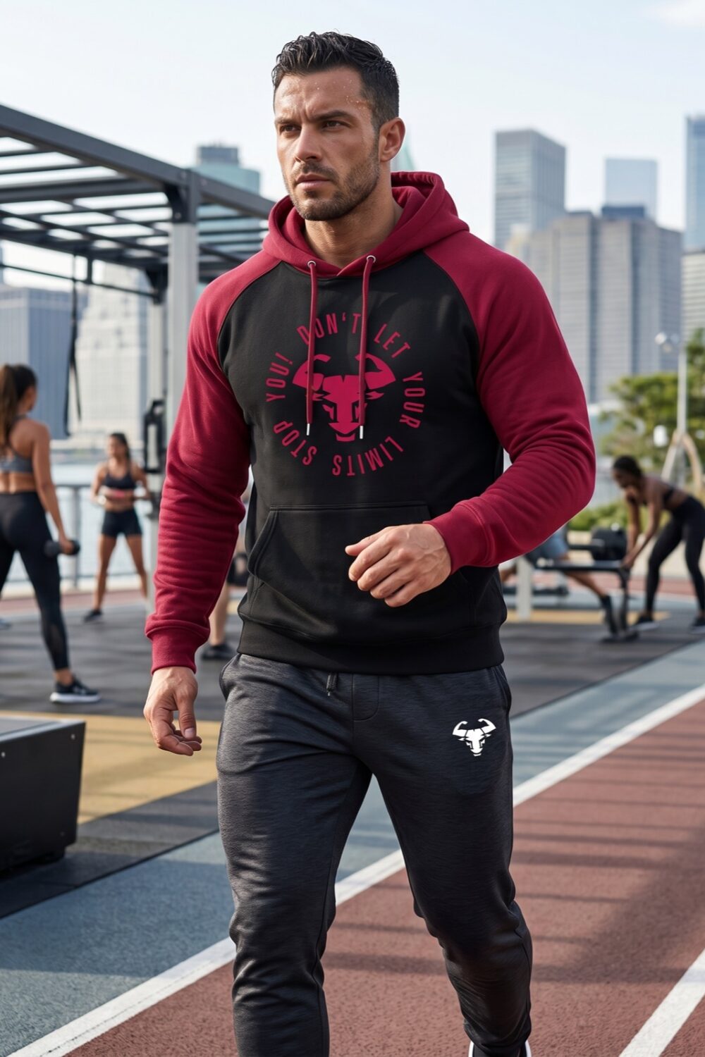 No Limits Raglan Hoodie in Schwarz/Bordeaux, getragen im Training