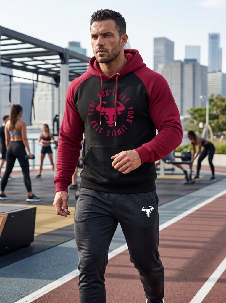 No Limits Raglan Hoodie in Schwarz/Bordeaux, getragen im Training