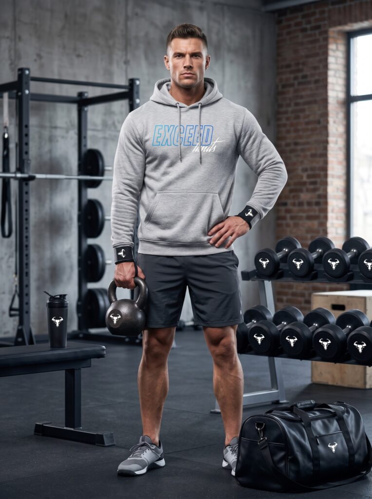 Signature Hoodie in Grau meliert, getragen im Training
